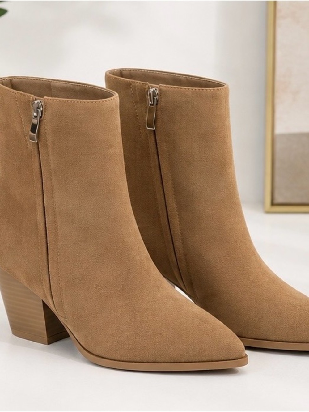 Classic Suede Ankle Booties in Tan with Side Zip 8